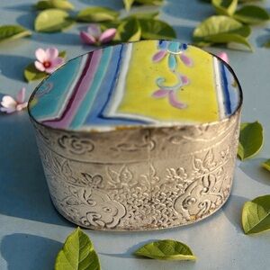 Vintage Silver Trinket Jewelry Box Ceramic Abstract Top Stripe Floral Butterfly